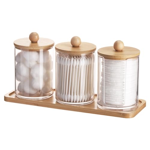 Tbestmax 10 oz Qtip Holder with Vanity Tray, 3 Pack Cotton Swab/Ball/Pad Dispenser Apothecary Jar, Clear Bathroom Containers Dispenser for Storage Bamboo Lids - color: Group B-Beige Bamboo