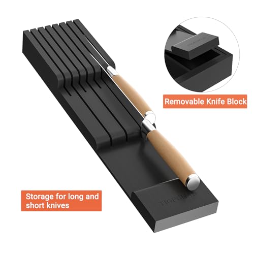 TIOPGHAD Bamboo-Silverware-Drawer-Organizer-Kitchen, Expandable Utensil Holder Cutlery Tray Flatware Organization Adjustable Wood Tableware Dividers Storage (with Removable Knife Block)(Black) - color: Black, size: Large