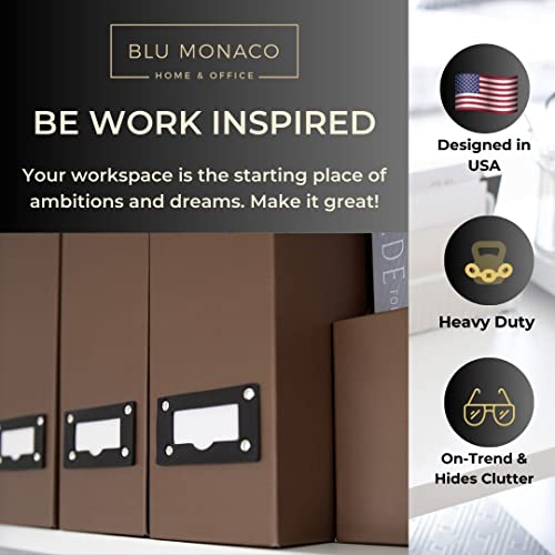 BLU MONACO | Cardboard Magazine File Holder Set of 6 | Vertical Magazine File Holder with Leather Label Slots | Standing File Holder and Cardboard Bins for Shelves Desk Office - color: Brown