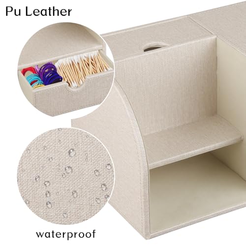Square Tissue Box Cover with Drawer Storage and Tray on Top, PU Leather Tissues Cube Boxes Holder, Modern Nightstand Organizer Caddy, Remote Control Holder for Bathroom, Bedside, Office, Home - color: Beige Cloth