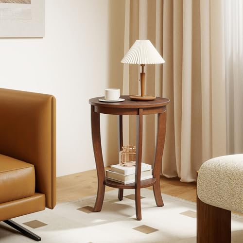 GOFLAME 2-Tier Round End Table, 18” Sofa Side Table with Storage Shelf, Floor Tea Table with Solid Wood Legs, Compact Nightstand for Small Space, Living Room, Bedroom, Walnut - color: Walnut