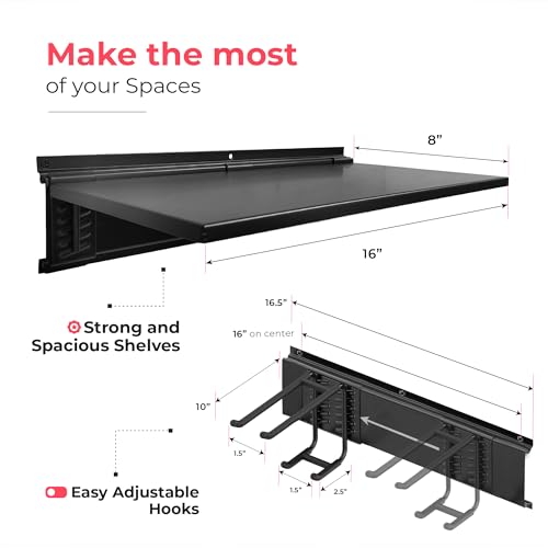 TIDYME Heavy-Duty Garage Wall Storage System | Wall Mounted Tool Organizer Rack with Shelving | 10-Piece Mounting Kit | Includes 4x10” Double-Layered Hooks & 2x16.5” Floating Utility Shelves - size: 64" (2 Shelves)