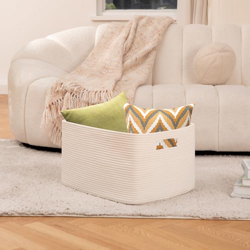 OIAHOMY 75L Large Blanket Basket, Woven Cotton Rope Baskets for Organizing, 22”x17”x12”, Blanket Basket living Room, Bedroom, Nursery, Dog Toy Storage Bins, White - color: White, size: 22”x17”x12”