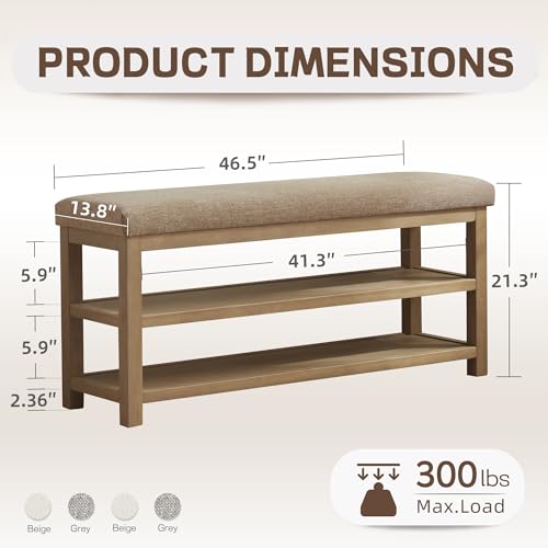 Zihanhome Shoe Rack Bench with Cushion, 2 Tier Solid Wood Storage Bench, Mid-Century Modern Shoe Bench for Entryway, Hallway, Closet, Front Door Entrance, Foyer (Brown, 46.5") - color: Brown, size: 46.5"
