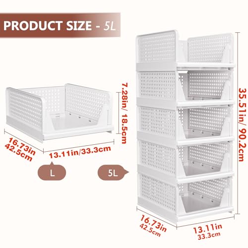 CTSNSLH 5 Pack Closet Organizers Storage Box, Closet Storage Stackable Storage Bins, Plastic Drawer Basket for Wardrobe Cupboard Kitchen Bathroom Office, White - size: 5 PACK-L