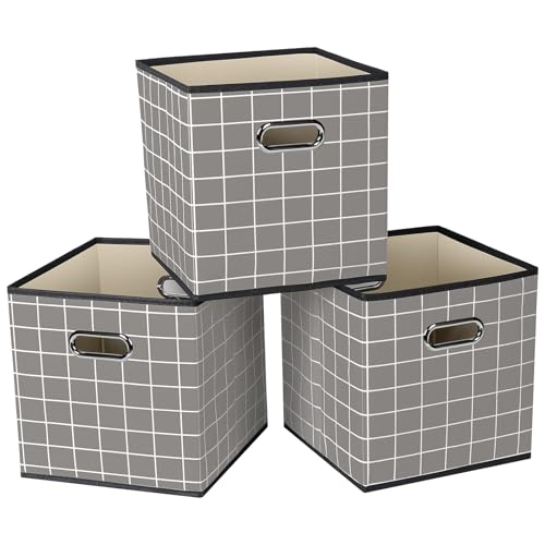 STOREONE Fabric Storage Bins Cubes Baskets Containers-(11X11X11) with Dual Handles for Shelf Closet, Nursery Home ， Bedroom Organizers, Foldable Set of 3 (Grey grid) - color: Grey grid, size: 3 pack