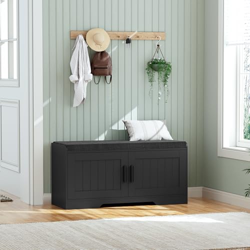 Homleke 2-Tier Storage Bench, Shoe Bench with Thickened Padded Seat Cushion, Entryway Bench with 2 Doors, Adjustable Shelf, 13.8" D x 37.4" W x 18.5" H, for Entryway, Living Room, Bedroom, Black - color: Black, size: 37.4"