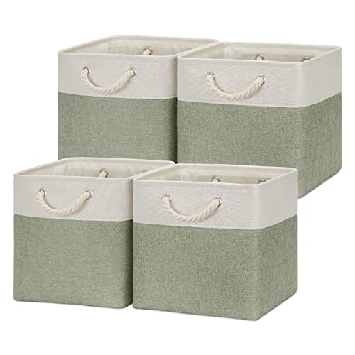 Temary Cube Storage Baskets for Shelves 12 Inch Storage Cubes 4pack Fabric Storage Baskets for Organizing Clothes, Closet Basket with Rope Handles for Home (White&Green) - color: white&green, size: 12"L x 12"W x 12"H