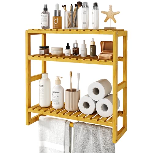Galood Over The Toilet Storage Bathroom Shelves Wall Mounted 3 Tier Space Saver Corner Shelf Organizer Bamboo Towel Rack Toilet Paper Cabinet with Hanging Rod Yellow - color: Natural 1pack, size: Standard