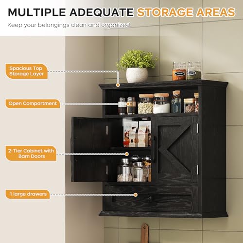 Bathroom Wall Cabinet, Wall Mounted Medicine Cabinet with Drawer, Barn Door & Adjustable Shelf, 24.4"H x 23.6"W x 9"D Black Over Toilet Farmhouse Storage Cabinet for Kitchen, Laundry, Entryway - color: Black, size: 24.4"H x 23.6"W x 9"D