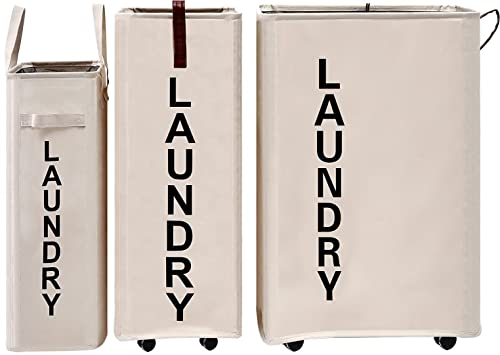 92L Large Laundry Hamper with Leather Handle,Standable Laundry Basket with Wheels ,Large Hamper,Rolling Laundry Basket White - color: Beige/XXL, size: Super Large 27.5"