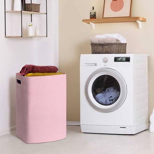 MEGASKET Large Laundry Hamper 16"x13"x22" - Tall Woven Laundry Basket, Cotton Rope Dirty Clothes Hamper, Baby Kids Nursery Wicker Laundry Basket, Bedroom Aesthetic, Soft Laundry Bin, Pink Hamper, 75L - color: Pink