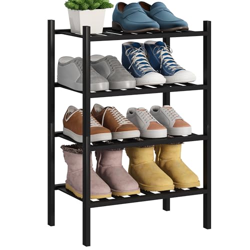 BMOSU 4-Tier Bamboo Small Shoe Rack Premium Stackable Shoe Shelf Storage Organizer for Hallway Closet Living Room Entryway Organizer (Black Bamboo) - color: Black Bamboo, size: Small-4-Tier（17*11*25.2inches）