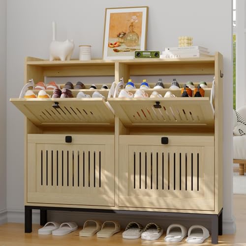 4-Door Flip Front Shoe Cabinet with Adjustable Shelves – Hidden Entryway Storage Organizer for Hallway, Foyer, Living Room – Freestanding Wooden Shoe Rack with Large Capacity & Modern Design, Natural - color: Natural Oak, size: 9.45"D x 41.34"W x 37.9"H