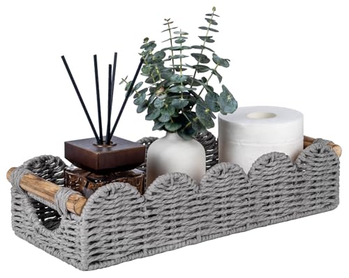 CubesLand Bathroom Basket Organizer w/Cut Out Handle, Back of Toilet Paper Storage Baskets Tray for Bathroom Countertop Decorative, Scalloped Wicker Basket Also for Home Decor, Living Room, Grey - color: Grey
