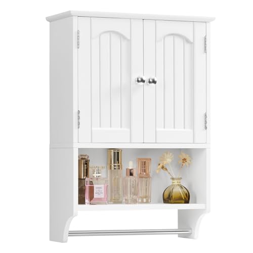 TEENFON Bathroom Wall Cabinet with Adjustable Shelves and Towel Rack, Wall Mounted Over the Toilet Storage Cabinet for Bathroom, Living Room, White UNGGX005W - color: White With Towel Bar