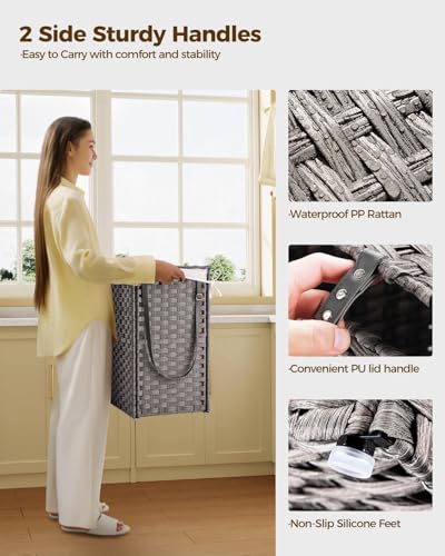 Greenstell Laundry Hamper with Wheels, No Install Needed, 110L Divided Handwoven Hampers & 2 Removable Liner Bags, Rattan Clothes Laundry Basket with Lid & Handles, Foldable Hampers Gray 22x13x26.4 In - color: Gray, size: 110L: 22.0x13.5x26.4 Inches