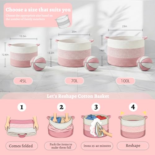 Artfeel 100L Large Cotton Rope Basket, Decorative Woven Blanket Storage for Living Room, Boho Toy Storage & Toy Box for Kids, Versatile Laundry Basket & Nursery Hamper for Blankets(Pink) - color: Pink, size: 100L
