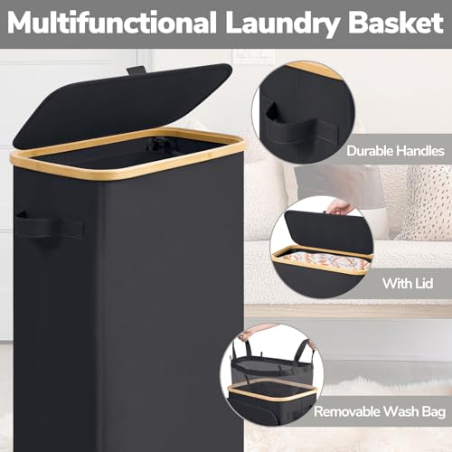 Goodpick Slim Laundry Basket with Wheels and Lid, 75L Rolling Laundry Hamper for Dorm Home Decor, Large Clothes Hamper with Bamboo Frame Removable Bag, Black, 17" x 9.8" x 29.5" - color: Black, size: 75L (17"L x 9.8"W x 29.5"H)