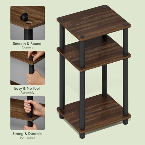 Furinno JUST Side Table, 3-Tier End Table, Open Shelves Night Stand, Bedside Table, Toolless Assembly, for Living Room, Bedroom, Bathroom, Columbia Walnut - color: Columbia Walnut/Black, size: 3-Tier, Round Pole, style: 1-Pack