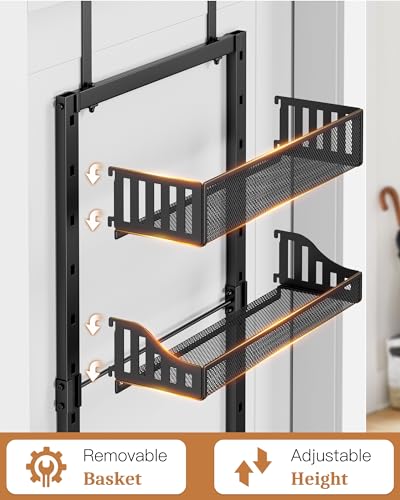 POKIPO 8-Tier Over the Door Pantry Organizer, Large Metal Door Spice Rack with Adjustable Basket, 2 in 1 Wall Mount or Hanging Heavy-Duty Pantry Door Storage Shelf for Kitchen and Bathroom, Black - color: Black