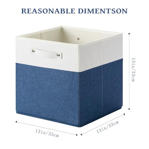 FinishingBo 13 x 13 Inch Fine Linen Storage Bins with Handles，Fabric Cube Boxs，Basket Organizers for Shelves for Home, Closet Drawers (White/Blue-6 Pack) - color: White/Blue-6 Pack