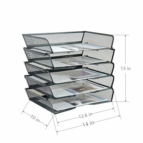 5 Tier Metal Mesh Desk Organizer-Stackable Letter Trays for Office Supplies,Black File Storage System with Reinforced Edges