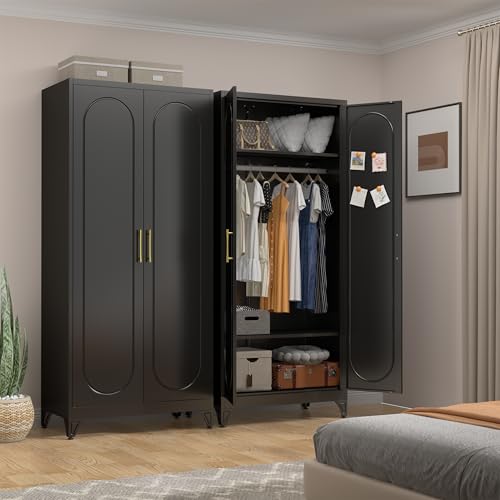 UNICOLY Armoire Wardrobe Closet with Doors, 71'' Wardrobe Cabinet with Hanging Rod, Metal Closet with 2 Adjustable Shelves for Bedroom School, Employee, Gym, Armarios De Ropa para Dormitorio, Black - color: Black, size: 71 Inch arched-J with 0 Drawers