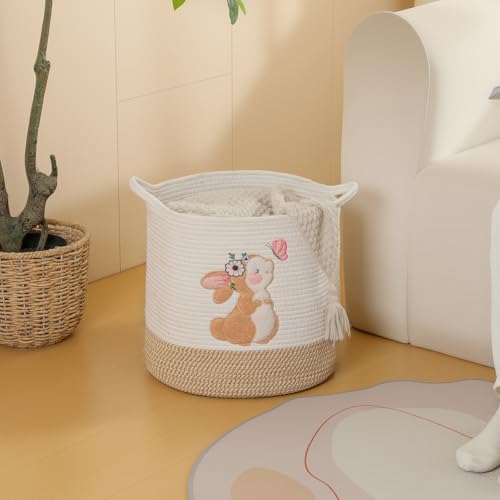 INough Toy Storage Baskets Woven Cotton Rope Storage Basket for Kids, Blanket Baskets for Living Room Stuffed Animal Storage Toys Organizer with Embroidery Decor, Cute Baskets for Nursery (Bunny) - color: Bunny, size: Medium