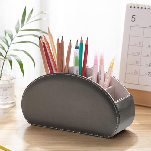 Remote Control Holders Organizer Box with 5 Compartment PU Leather Multi-functional Office Desk Storage Caddy Store Tv Remote for Media Player,Brush,Pencil,Glassees&Office Supplies (Sliver) - color: Sliver, size: S