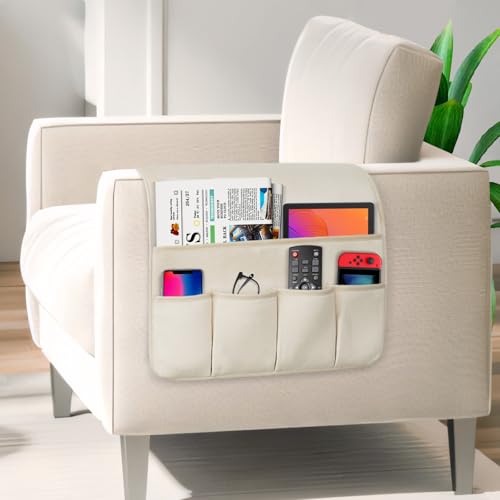 Remote Control Holder for Armchair，Couch Caddy Organizer TV Remote Holder for Bed Storage 5 Pockets，Remote Caddy Bedside Organizer Bedside Table Organizer (Beige, 35''x18'') - color: Beige, size: 35''x18''