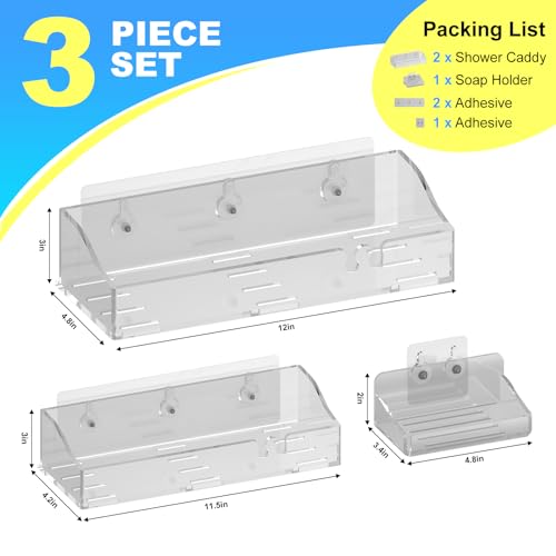 Acrylic Shower Shelves 3 Pack, Clear Adhesive Shower Caddy Organizer, Rustproof No Drill Wall Mount Bathroom & Kitchen Storage Rack - color: Clear