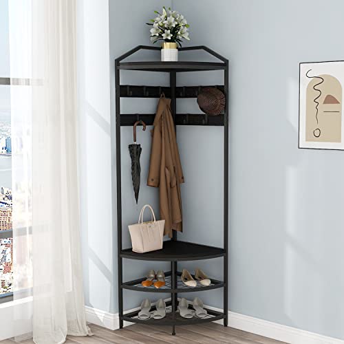 GiftGo Corner Hall Tree with Shoe Bench Entryway Coat Rack with 10 Metal Movable Hooks Freestanding Clothes Rack Shoes Shelf Organizer for Home Office Bedroom (Black) - color: Black