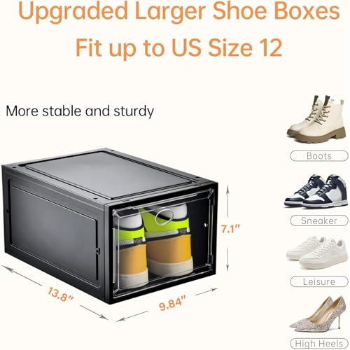 Amllas 12 Pack Shoe Boxes Stackable,Upgraded Sturdy Shoe Storage Boxes with Clear Magnetic Door,Multifunctional Sneaker Storage, Shoe Box Organizer Fit up to US Size 12 Gray(13.8”x 9.84”x 7.1”) - color: Black, size: 12 Pack