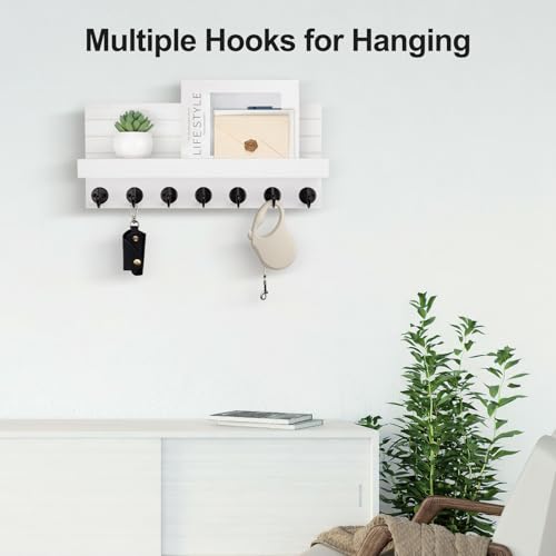 Lwenki Key Holder Wall Mount, Entryway Key and Mail Holder with 7 Sturdy Hooks for Sunglasses, Dog Leash, Decorative Wall Shelf with Mounting Hardware, 15”W x 6.7”H x 4.2”D (White) - color: White