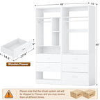 Besiost 4FT Closet Systems with 5 Wood Drawers, 48 Inch Closet Organizer System with 2 Hanging Rods & 7 Shelves, Heavy Duty 48" Walk-in Closet , White (48"L x 15" W x 80" H) - color: White
