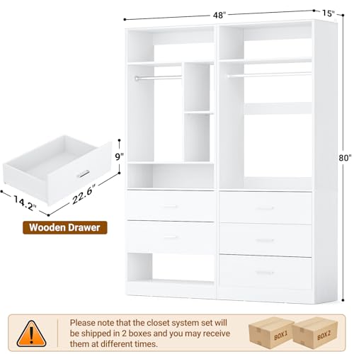 Besiost 4FT Closet Systems with 5 Wood Drawers, 48 Inch Closet Organizer System with 2 Hanging Rods & 7 Shelves, Heavy Duty 48" Walk-in Closet , White (48"L x 15" W x 80" H) - color: White