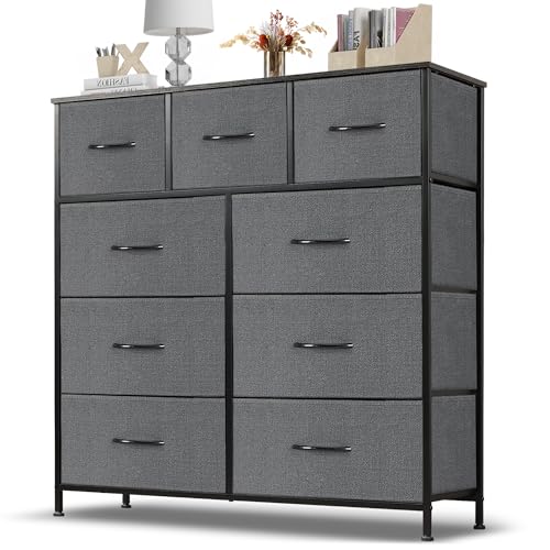 Dresser for Bedroom, 9 Storage Drawers, Anti-Tip Tall Fabric Closet Chests Organizer Tower Furniture with Wooden Top Metal Frame for Clothes, Living Room, Hallway, Entryway - color: Grey, size: 11.8"D x 39.4"W x 40"H (9 Drawers)
