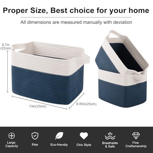 OIAHOMY Storage Baskets - Woven Cotton Rope Baskets for Shelves, Toy Towel Organizer Bins, Pack of 3, Blue & White - color: Blue & White, size: 3 pcs-13”x9.9”x8.7”