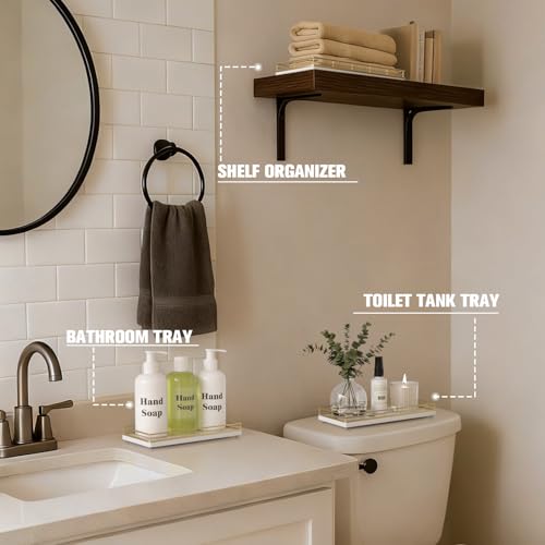 Bathroom Vanity Tray for Countertop, 12" x 6" Oak Wood Toilet Tank Tray with Metal Guardrail, Bathroom Organizer for Soap, Perfume & Skincare, Non-Slip Decorative Tray for Dresser, Gold & White - color: Gold & White, size: 12" x 6" x 1.5"