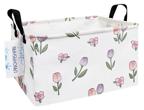LANGYASHAN Rectangular Storage Bin Collapse Canvas Fabric Cartoon Storage Basket with Handles for Organizing Home Kitchen Boys and Girls Toys Office Closet Shelf Baskets (Rec Romantic Tulip) - color: Rec Romantic Tulip