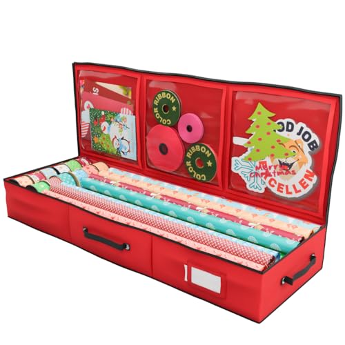 Primode Wrapping Paper Storage Container | Gift Wrap Organizer Under Bed | 41”x14”x6” | Fits 18-24 Rolls Up to 40” | 600D Oxford | Box Holder with Pockets for Ribbon, Bows and Accessories (Red) - color: Red