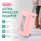 Sterilite 3 Pack Ultra Wheeled Hamper, Plastic Laundry Basket Clothes Bin with Wheels, Flip Top Lid and Retractable Handle, Pink Frost - color: Pink Frost