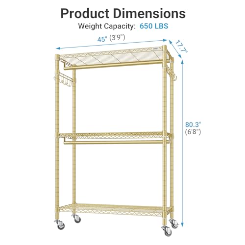VIPEK R2 Plus Rolling Clothes Rack for Hanging Clothes Heavy Duty Garment Rack 3 Tiers Adjustable Wire Shelving Clothing Racks with Double Hanging Rods, Closet Organizers and Storage, Gold - color: Gold, size: R2 Plus
