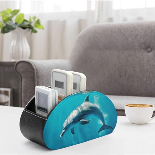 PU Leather Remote Control Organizer Box 5-Slot Multifunctional Swimming Dolphin in Blue Sea Storage Holder for TV/DVD/Accessories Stylish Desk Decor for Living Room, Bedroom, Office - color: Swimming Dolphin in Blue Sea