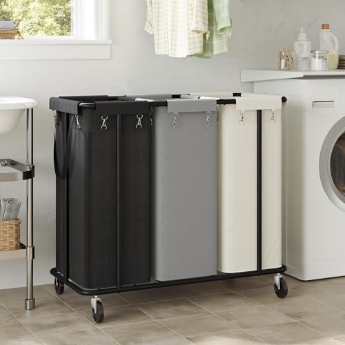 WOWLIVE Laundry Hamper with Wheels 260L Rolling Laundry Basket 3 Section Organizer Laundry Cart with Steel Frame and Removable Bags Large Dirty Clothes Hamper Dorm Room Storage for Bedroom - color: Black + Beige + Grey, size: 260L (35.4×16.1×31.5in)