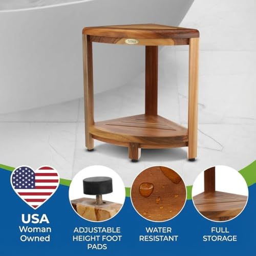 EcoDecors Fully Assembled SnazzyCorner® 18" Teak Shower Bench, Corner Shower Stool, w Shelf in Earthy Teak Finish, Compact Fit for Small Bathrooms & Walk-in Showers – Slip-Resistant Feet, Sauna Bench - size: 2 tier Fully Assembled