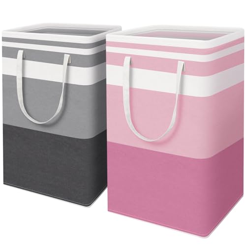 HomeHacks 2 Pack Large Laundry Baskets, Waterproof, Freestanding Laundry Hampers, Collapsible Clothes Hamper with Reinforced Handles in Laundry, College Dorm, Bathroom, Bedroom (Grey+Pink, 88Lx2) - color: Grey+Pink, size: 88L