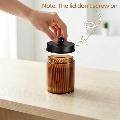 Amolliar 4 Pack Apothecary Jars Bathroom Vanity Storage Organizer Set -Countertop Canister with Stainless Steel Lids &Stickers Qtip Dispenser Holder for Cotton Swab (Amber-black Lid) - color: Amber-Black Lid P1