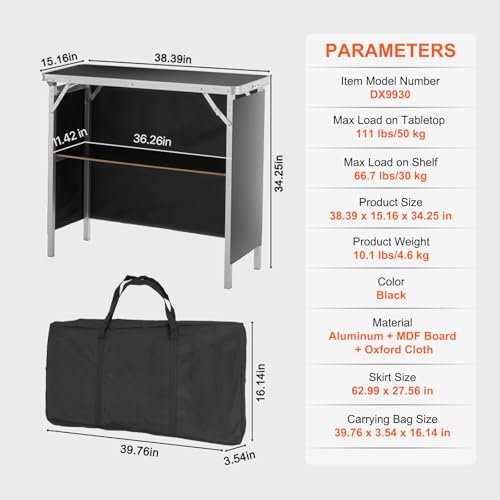 VEVOR Folding Portable Bar Table, Tradeshow Podium Table for Indoor, Outdoor, Party, Picnic, Exhibition, Includes Carrying Case, Storage Shelf and Black Skirt, 38.39" x 15.16" x 34.25" - size: 38.39 INCH